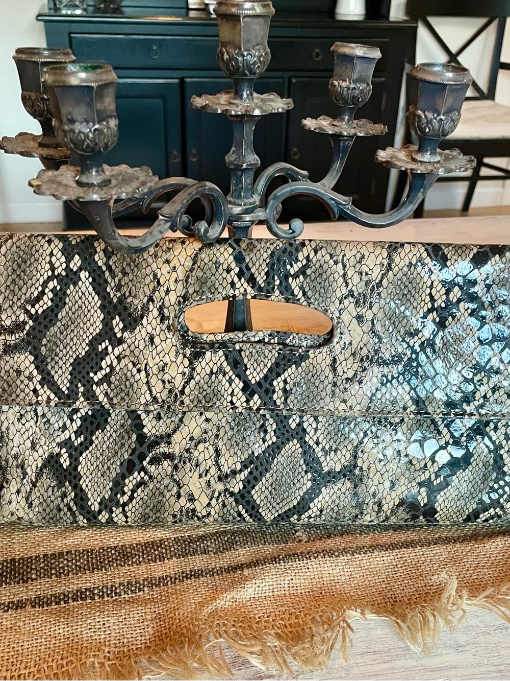 HOBO Black and Cream Snake-Print Clutch